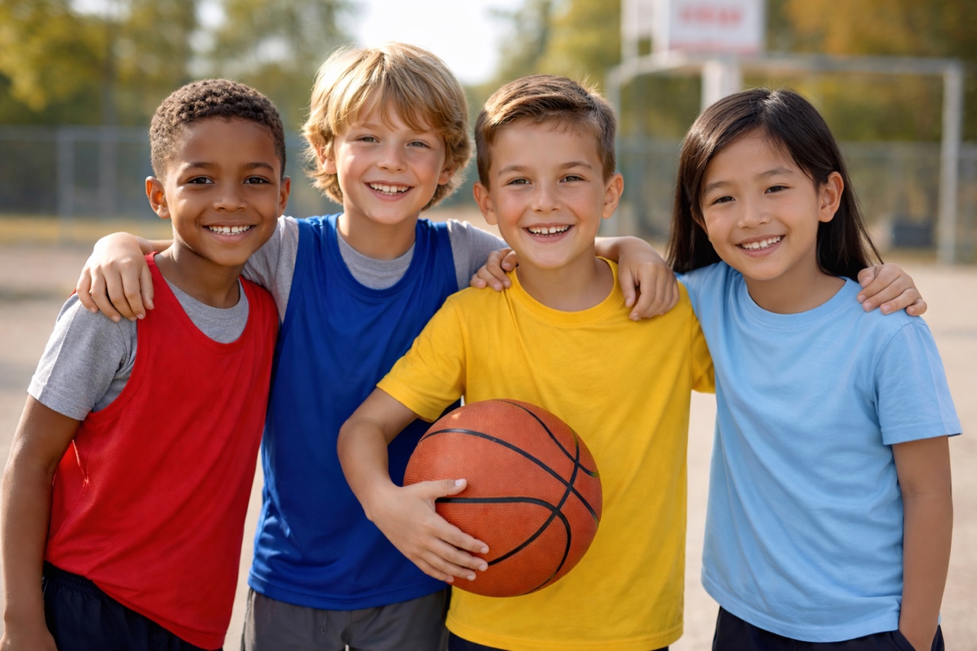 Kids playing basketball together